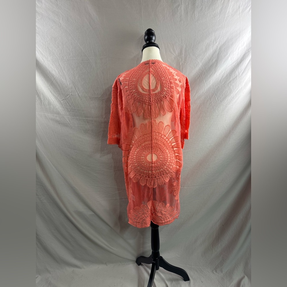 Kimono Cover Up With Cropped Sleeves Coral Orange - Picture 7 of 7